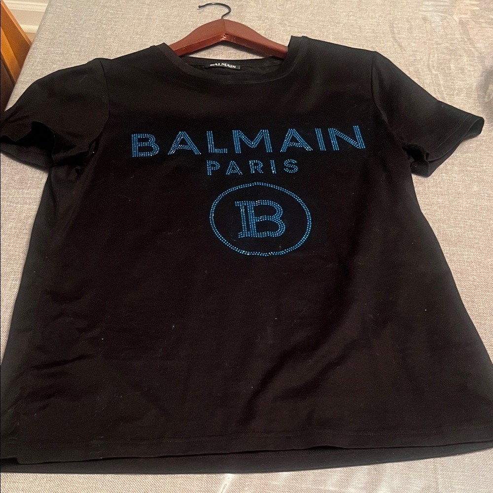 Balmain Black Tee with Blue Logo